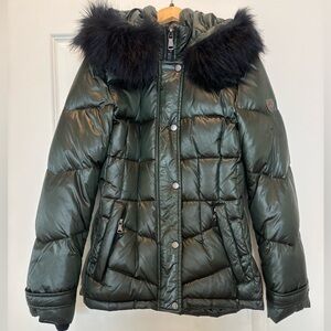 Vince Camuto Dark Green Puffer Jacket with Black Faux Fur Size Small Women’s